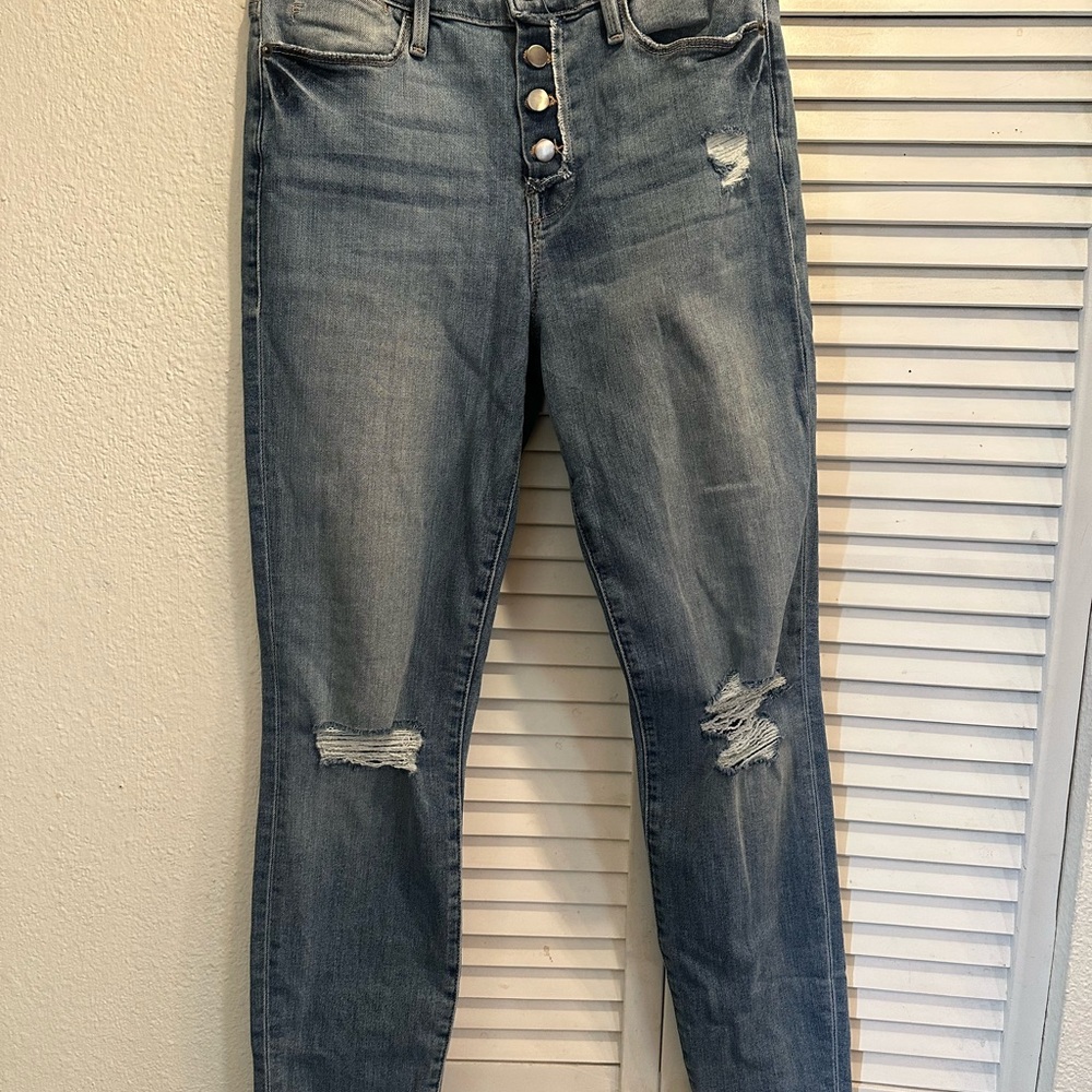 Distressed High-Rise Button-Fly Women's Jeans - Light Blue